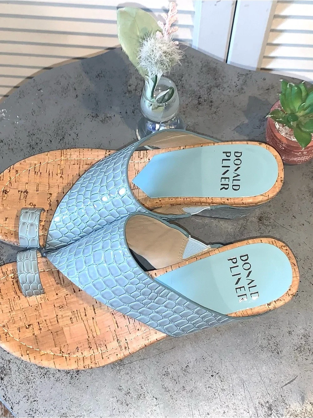 Donald J. Pliner Women's Light Blue Croc-Embossed Cork Wedge Sandal 8.5
